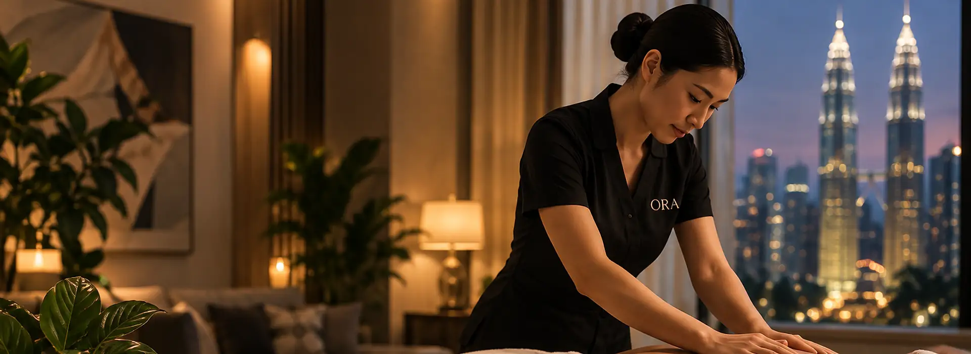 An ORA therapist at work in a softly lit living room, with the city skyline behind