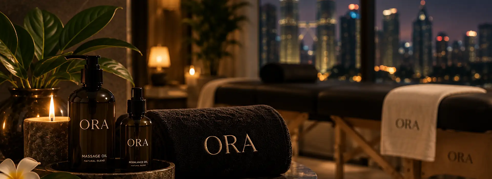 The ORA kit on a marble table, with a massage table set up by a window over Kuala Lumpur