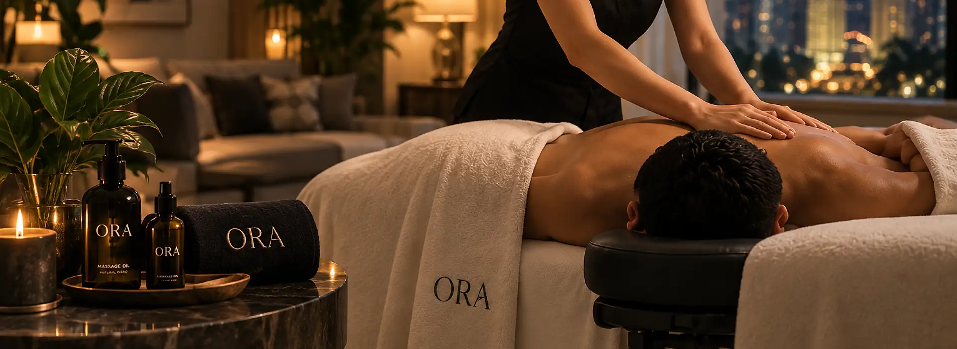 A therapist's hands on a client's back, with ORA towels and oils beside the table