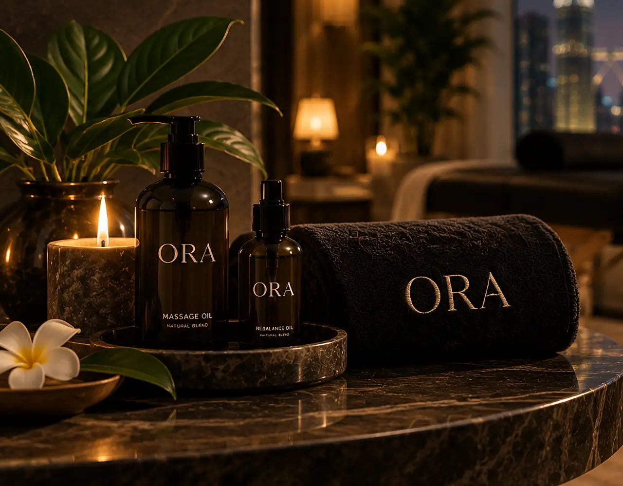 The ORA kit: massage oils, a candle, frangipani and a rolled ORA towel on a marble table