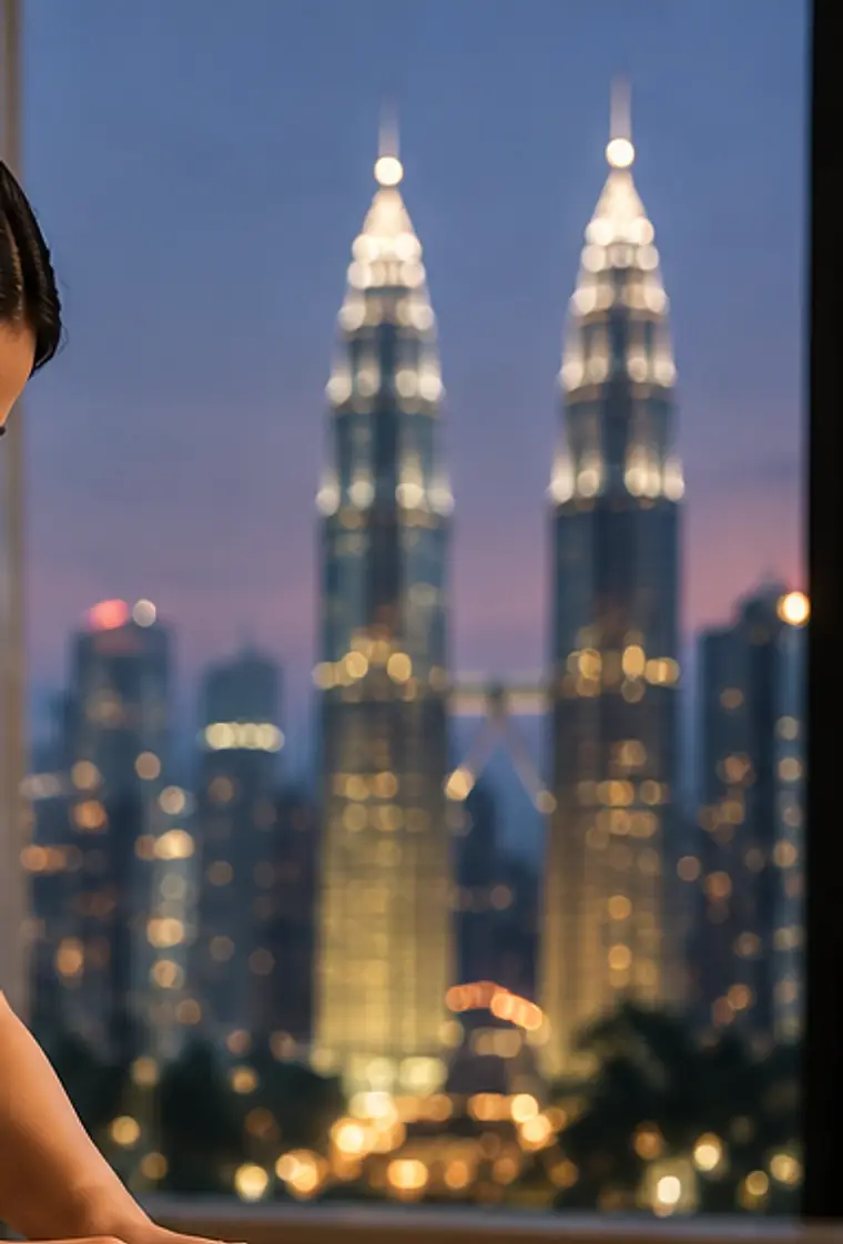 The Petronas Towers lit at dusk, seen through a condo window