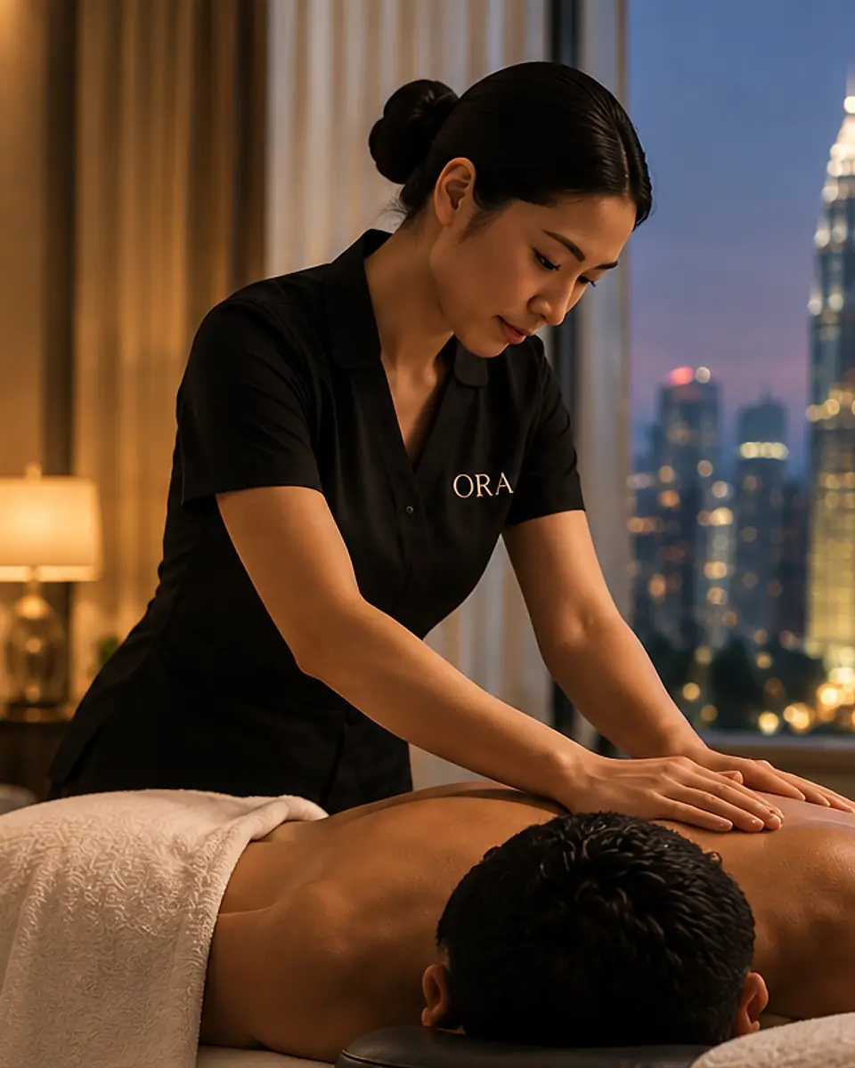 An ORA therapist giving a back massage beside a window over the city
